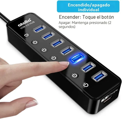 Vista 4 de Atolla - Hub USB 3.0 alimentado, divisor de concentrador de datos USB 3.0 de 8 puertos con un puerto de carga inteligente e interruptores