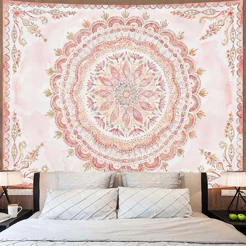 Vista 24 de Fowocu Tapiz bohemio con mandala floral para colgar en la pared, medallón de flores bohemias, tapiz estético, beige, naranja, hippie, indio, pequeño