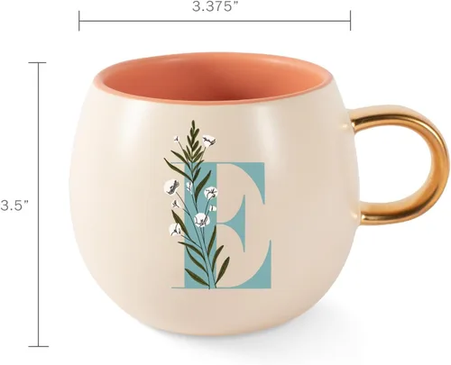 Vista 3 de Fringe Studio Taza Redonda de Gres, Monograma Floral Letra "E" 3.38" DIA. X 3.5"H, 14 fl.oz., con Asa Dorada Pintada a Mano (428047)