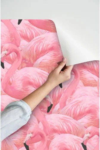 Vista 3 de Papel tapiz para despegar y pegar, flamenco, rosa, pájaros, flamencos, isla de flamencos, verano, retro, extraíble, por Spoonflower