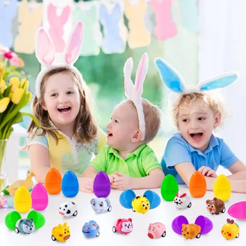 Vista 5 de DIYDEC 12 huevos de Pascua precargados con juguetes de auto para tirar hacia atrás, coloridos mini autos de carreras, regalos para niños, regalos