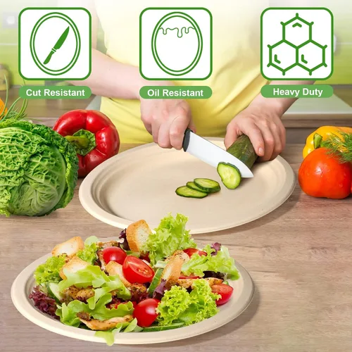 Vista 2 de Platos de papel marrón ecológicos de 12 pulgadas, paquete de 100 platos de cena ovalados compostables resistentes