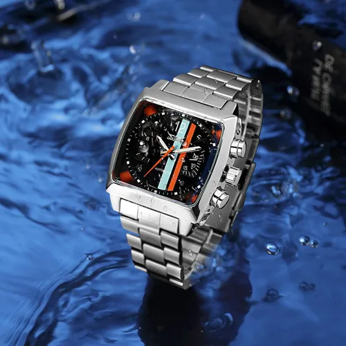 Vista 5 de FANMIS Reloj de pulsera analógico automático de acero inoxidable con fecha oblonga plateada para hombre, Mecánico