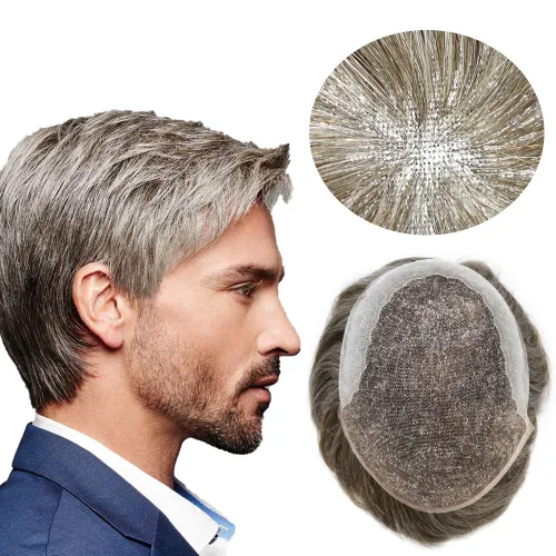 Vista 59 de Toupee para hombres pieza de pelo suave suizo encaje real sistema de cabello humano reemplazo blanqueado nudo mens tupé sistema de pelo para hombres