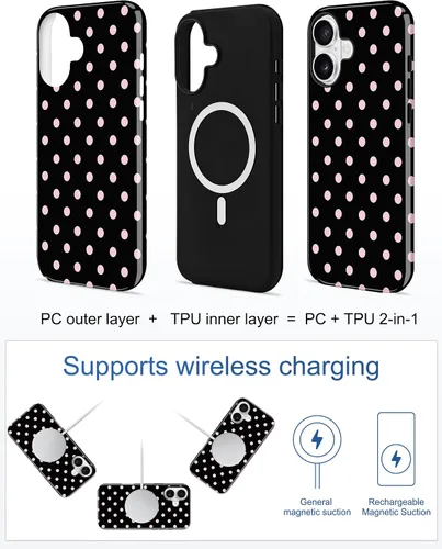 Vista 2 de Jusy Funda magnética de lunares para iPhone 16, color negro y rosa Negro Rosa