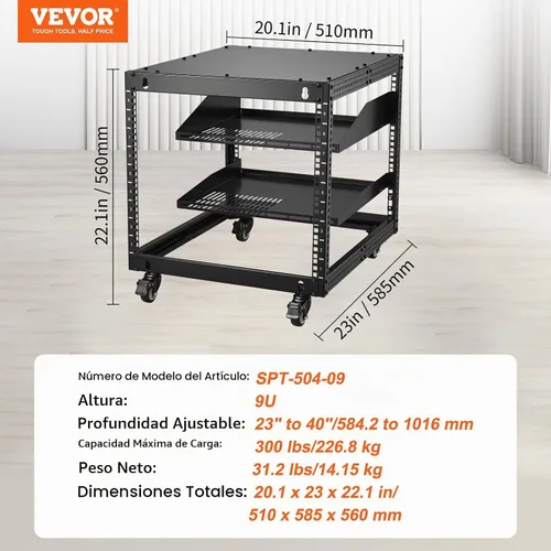 Vista 7 de VEVOR Bastidor de servidor de marco abierto de 9U, profundidad ajustable de 23 a 40 pulgadas, estante de servidor de red de soporte o montaje