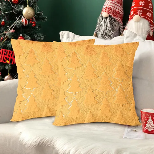 Vista 7 de Juego de 2 fundas de almohada de Navidad de 18 x 18 pulgadas, fundas de almohada beige con patrón de árbol de Navidad, fundas de cojín de piel