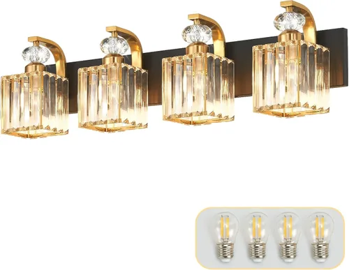 Vista 9 de Lámpara Moderna de Tocador de Baño, Luminarias de Baño de 4 Luces Negro Dorado Sobre Espejo, Aplique de Pared de Cristal de 28.4
