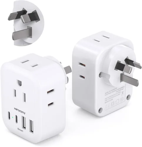 Vista 14 de HANYCONY - Paquete de 2 adaptadores de enchufe de viaje europeos, adaptador de corriente internacional de 4 tomas, 4 puertos USB C (2 USB C)