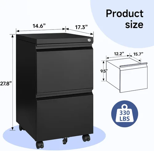 Vista 3 de Archivador móvil con cerradura, 2 cajones, pequeño gabinete rodante para oficina en casa, legal/carta/A4 (negro)