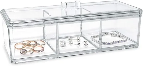 Vista 5 de Isaac Jacobs Organizador apilable rectangular de acrílico transparente de 3 compartimentos con tapa, bandeja de cajón multiseccional, solución