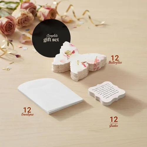 Vista 3 de Juego de 12 hojas de semillas de mariposa rosadas, flores silvestres para escribir y plantar con sobres y guías de plantación, regalo para madres