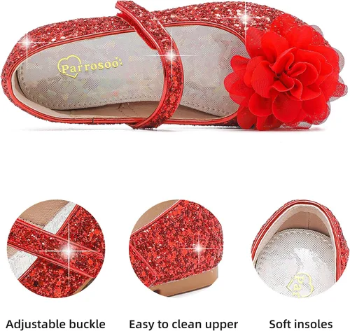 Vista 5 de Parrosoo Zapatos de vestir para niñas, zapatos brillantes Mary Jane, zapatos de ballet con purpurina, tacón bajo, para niña, escuela, princesa