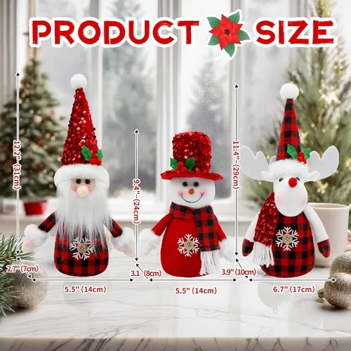 Vista 3 de Decoraciones navideñas de búfalo rojo para interiores, 3 piezas de muñeco de nieve de Navidad rojo, Papá Noel y reno, bandeja escalonada de felpa