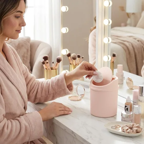 Vista 5 de Mini basurero de escritorio de 2 L, pequeño cubo de basura con tapa oscilante, color rosa Estructura portátil ligera, compacta de 0.5 galones