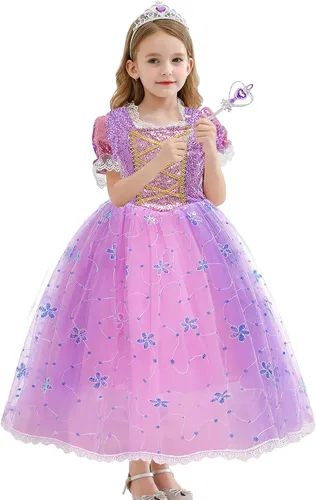 Vista 5 de Tacobear Disfraz de princesa Rapunzel para niñas con accesorios, disfraz de princesa para cumpleaños de niños pequeños
