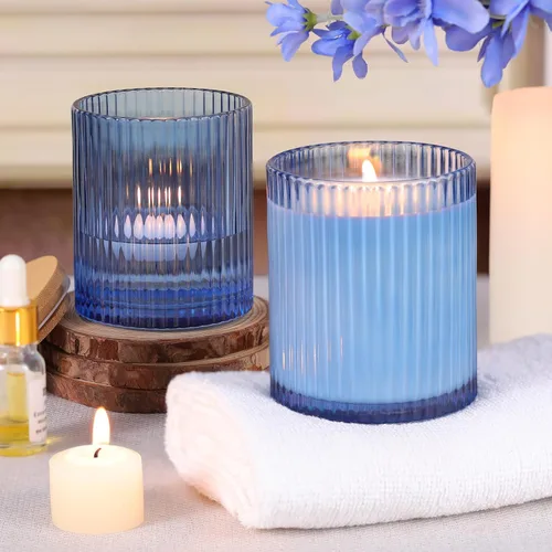 Vista 3 de sunnyfuture Juego de 8 tarros de vela azules de 10 onzas para hacer velas, tarros de vela de vidrio acanalado con tapas y etiquetas de madera