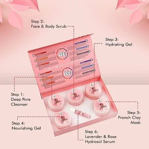 Vista 4 de Kit facial rosa masajeador facial máscara facial kit para mujeres crema de masaje facial gel facial exfoliante facial kit exclusivo 8.82 oz paquete