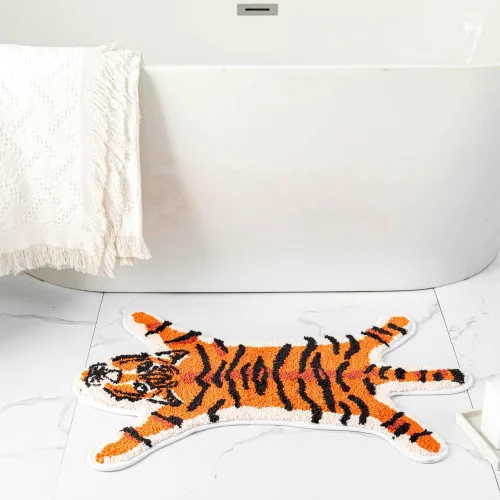 Vista 3 de Tapete de baño de tigre para baño, diseño de dibujos animados de tigre naranja, antideslizante, absorbente y pequeño, decoración de baño, alfombra