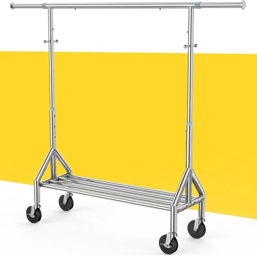 Vista 9 de Perchero resistente con carga de 760 libras, estante de ropa con ruedas de doble nivel, altura ajustable para colgar ropa, estante de metal