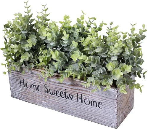 Vista 3 de 1 pieza de plantas de eucalipto en maceta de madera, arreglo vegetal, planta de eucalipto artificial en caja rectangular de madera para casa