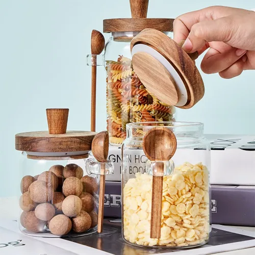 Vista 3 de WAIT FLY Tarros de vidrio con tapa de madera hermética y cuchara, recipientes de cocina para almacenamiento de alimentos para té, café, hierbas