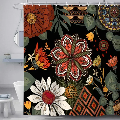 Vista 20 de Torich Cortina de ducha bohemia floral para baño, abstracta de mediados de siglo, decoración bohemia, cortinas de baño, flores botánicas, hojas