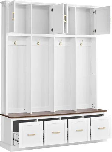 Vista 8 de JIVOIT Farmhouse Wood Hall Tree with Coat Hooks, Cabinets, 4 Drawers, Hooks (Ancient White/ 091)