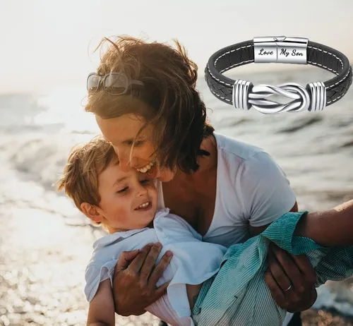 Vista 2 de Pulsera de cuero trenzado con texto en inglés To My SonTo My Grandson, pulsera inspiradora de acero inoxidable para hombre, regalos para hijo