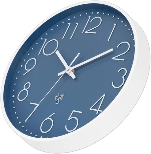 Vista 4 de Foxtop Reloj de pared atómico que funciona con pilas, redondo, analógico, moderno, juego automático para oficina, aula, dormitorio, cocina, sala
