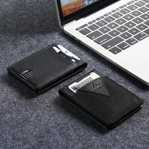 Vista 4 de Tryangoos Cartera delgada minimalista de cuero genuino con bloqueo RFID para hombres, bolsillo frontal con cierre magnético, bolsillo frontal