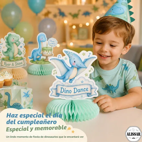 Vista 2 de ALISSAR 12 Pcs Dinosaur Honeycomb Centerpieces, Boy Dino Birthday Decor Blue