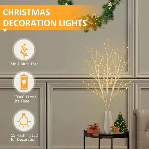 Vista 4 de Bexdir Ramas de árbol blancas de abedul iluminadas de 33 pulgadas, 180 luces LED con temporizador enchufable, árbol artificial blanco ramita