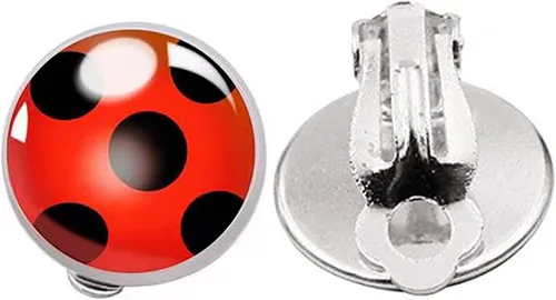 Vista 7 de Aretes de mariquita con clip, sin perforación, diseño de mariquita, joyería con brazalete de oreja plateado, dije rojo con punto negro para niña