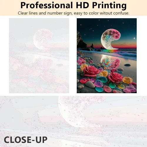 Vista 3 de Kit de pintura por números de playa con rocas para adultos, Moonbend DIY Kit de pintura al óleo, lienzo nocturno, pigmento acrílico, pintura