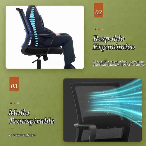 Vista 4 de Silla de oficina, silla ergonómica de escritorio de malla con respaldo medio, silla de malla giratoria de altura ajustable, silla de computadora