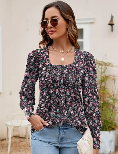 Vista 2 de ZHENWEI Blusa tipo túnica con cuello cuadrado para mujer, manga larga, plisada, holgada, con puños con botones, blusa casual de moda