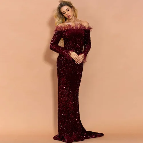 Vista 5 de Vestido de noche para mujer largo hasta el suelo sin hombros sin espalda de manga larga con plumas y lentejuelas para fiestas y matrimonios