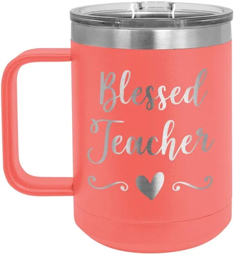Vista 11 de BLESSED TEACHER Negro 15 oz Taza de café w/tapa deslizante Taza de café de viaje aislada Ideas de regalos de cumpleaños o Navidad de mujeres u
