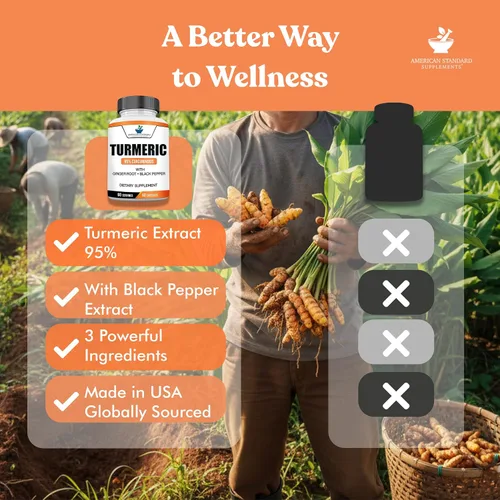 Vista 6 de American Standard Supplements Extracto de cúrcuma – Curcumina 95% con extracto de raíz de jengibre y extracto de pimienta negra – 60 cápsulas