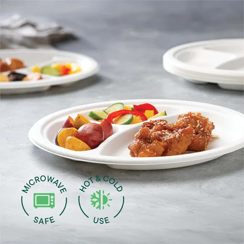 Vista 3 de Platos de papel desechables 100% compostables, 3 compartimentos [10 pulgadas] [paquete de 125] bandejas seccionales para almuerzo + divisores