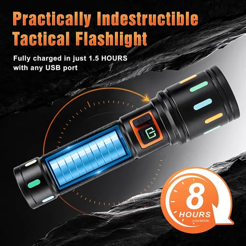 Vista 5 de Linterna táctica súper brillante, linternas LED, alta potencia, 2000 lúmenes con 3 modos de iluminación, luces de flash impermeables con zoom
