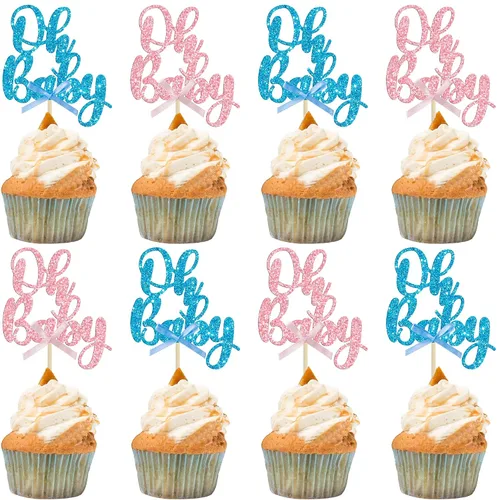 Vista 17 de Gyufise 36 piezas Adornos para cupcakes Oh Baby con moño azul y rosa, brillante dorado, adornos para cupcakes de baby shower, adornos para cupcakes