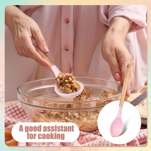 Vista 5 de Patelai 2 cucharas de silicona antiadherentes para mezclar de cocina, cucharas de servir con mango de madera, resistentes al calor, cucharas de Verde