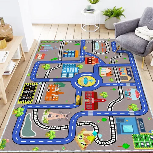 Vista 11 de Alfombra de coche para niños, 2 pies 7 pulgadas x 4 pies, alfombra de juego de tráfico urbano para autos de carreras y juguetes, divertida alfombra