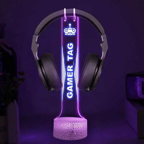 Vista 8 de NAZENTI Soporte LED personalizado para auriculares con diseño de marcador, soporte de escritorio para auriculares iluminado para hombres novio
