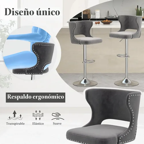 Vista 8 de Juego de 2 taburetes de bar giratorios de terciopelo gris, sillas Beige (dorado)