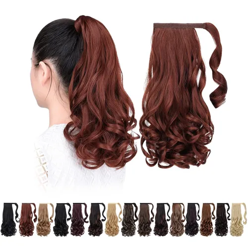 Vista 39 de Extensiones de cola de caballo negras, colas de caballo rizadas con clip, 22 pulgadas, 3.5 onzas, extensión de cabello sintético envolvente del pelo