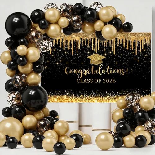 Vista 2 de Mocsicka Fondo de graduación de 7 x 5 pies 2026, decoraciones de graduación negro y dorado, pancarta de felicitaciones de graduación 2026, fondo