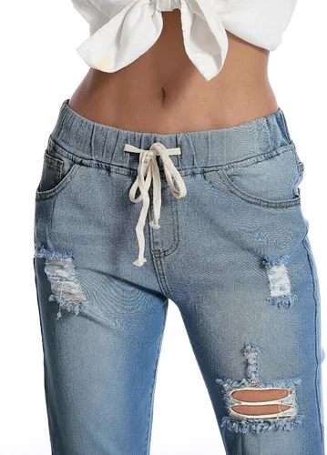 Vista 3 de BIUDI FOX Jeans rasgados estilo boyfriend para mujer, cintura alta, elásticos, pantalones de mezclilla destruidos, talla grande